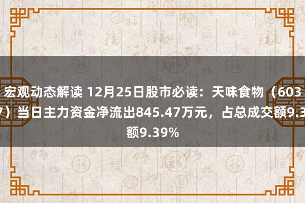 宏观动态解读 12月25日股市必读：天味食物（603317）当日主力资金净流出845.47万元，占总成交额9.39%