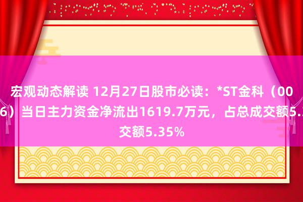 宏观动态解读 12月27日股市必读：*ST金科（000656）当日主力资金净流出1619.7万元，占总成交额5.35%