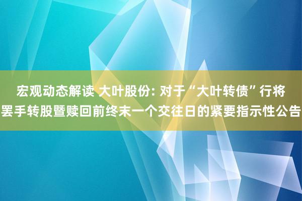 宏观动态解读 大叶股份: 对于“大叶转债”行将罢手转股暨赎回前终末一个交往日的紧要指示性公告