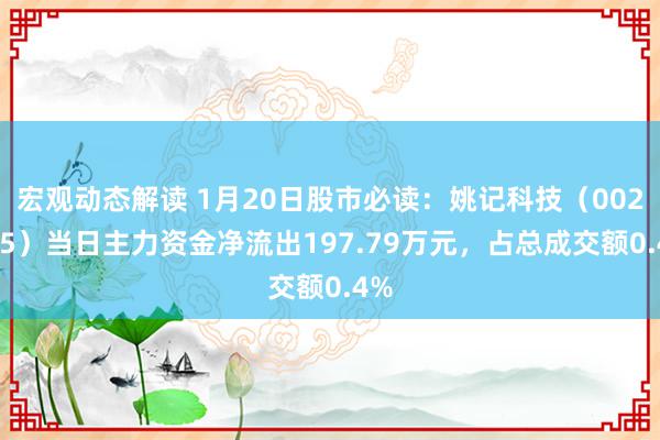 宏观动态解读 1月20日股市必读：姚记科技（002605）当日主力资金净流出197.79万元，占总成交额0.4%