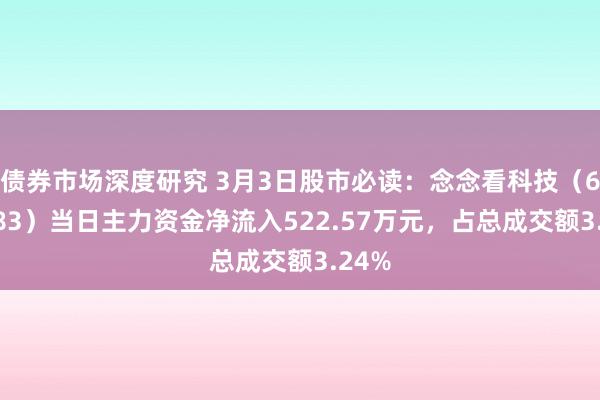 债券市场深度研究 3月3日股市必读：念念看科技（688583）当日主力资金净流入522.57万元，占总成交额3.24%